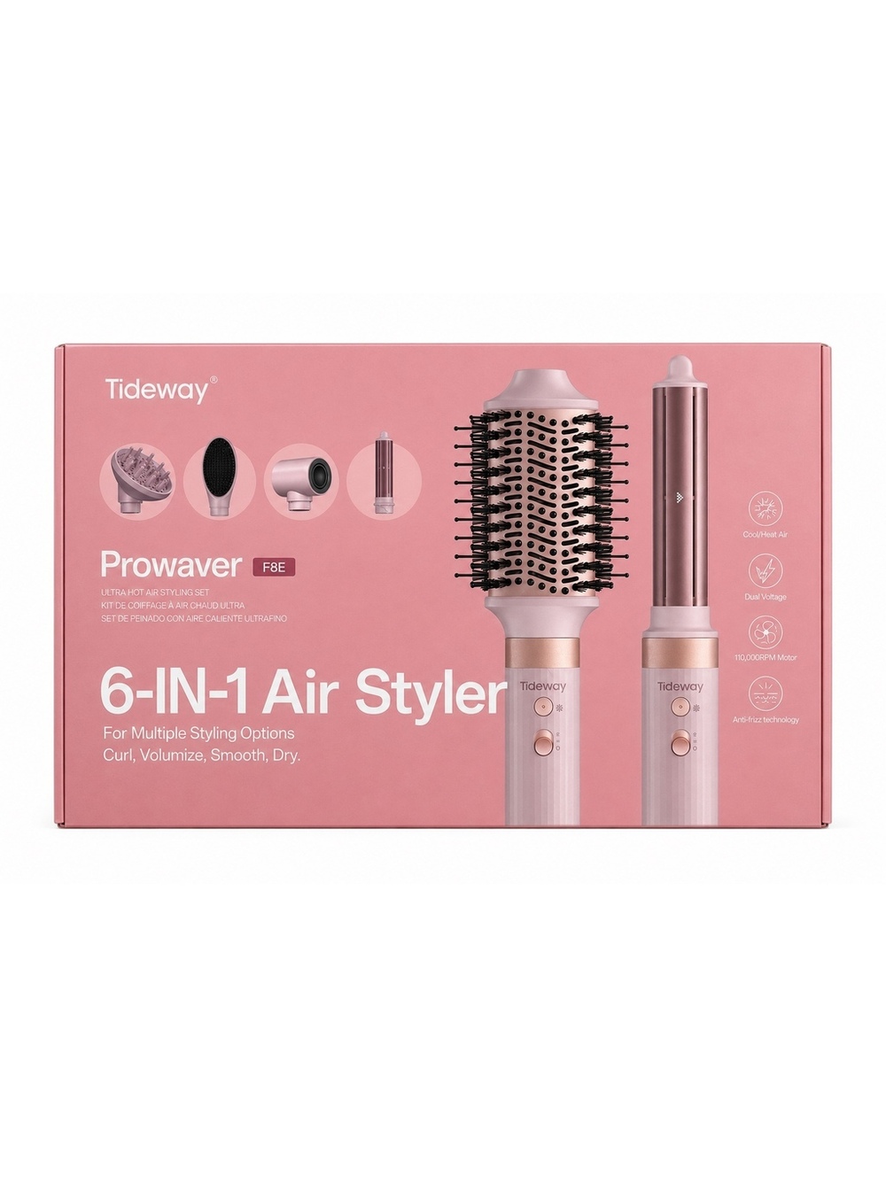 Tideway Prowaver F8E 6-in-1 Air Styler Hair Dryer Brush Dual Voltage Pink